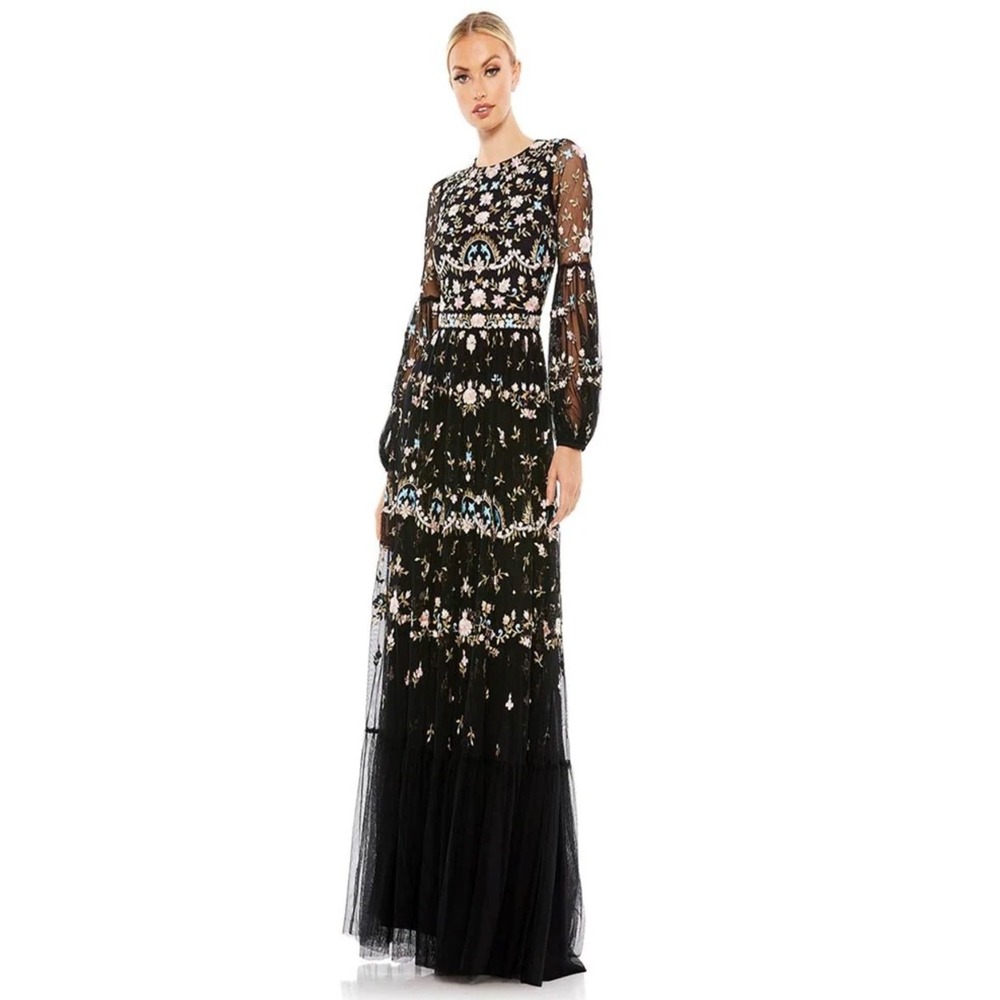 Mac Duggal Floral Embroidered Tulle Gown Black Long Sleeve Formal Dress‎ 60in
